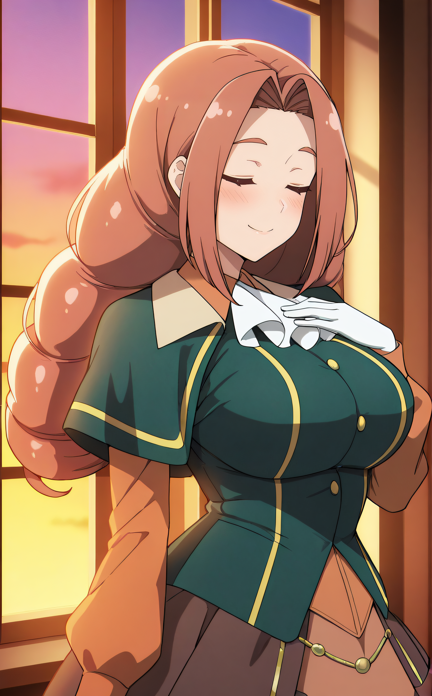 masterpiece, best quality, highres, newest, scenary, 1girl, solo, official style, <lora:IL_Sheila_Ibarss:1>, sheila, large breasts, dress, green jacket, orange sleeves, white gloves, layered skirt, brown skirt on sides, smile, indoor, smile, upper body, hand on own chest, window behind, sunset, closed eyes, blush