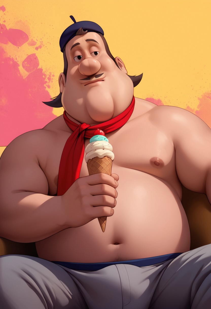 score_9, score_8_up, score_7_up, score_6_up, source_anime, masterpiece, high quality, 8k, ((André, short hair,  brown hair,  black eyes, small thin mustache,  brown mustache, a big round belly, broad shoulders, a chubby neck, topless, dark-gray pants, dark-blue beret, headwear, a  red scarf around his neck, gigantic penis bulge)), smile, ice-cream cone on hand, sitting,  looking at view, BREAK, simple background, colorful background,