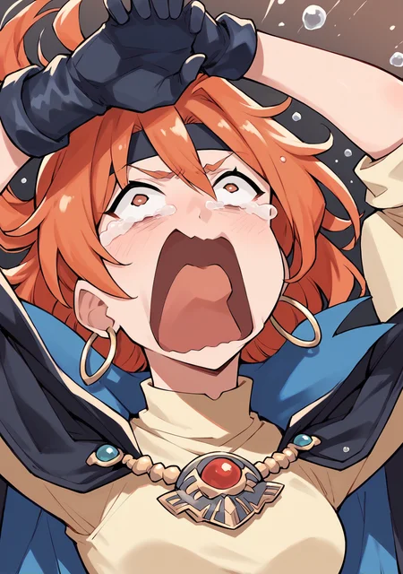 score_9, score_8_up,LNPD-ova, 1girl, <lora:Lina PDXL:0.8>, cape, fang, yellow shirt, headband,, black gloves, hoop earrings, , aquascreaming, screaming, open mouth, crying with eyes open <lora:concept_aquascreaming_ponyXL:1>