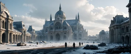 cinematic ground view of 2077 landscape of a frozen futuristic Paris, haussman architecture, Grand Palais, Le Louvre, Notre Dame, post apocalyptic city, great composition, rules of third, organic city , (ultra realistic:1.2),