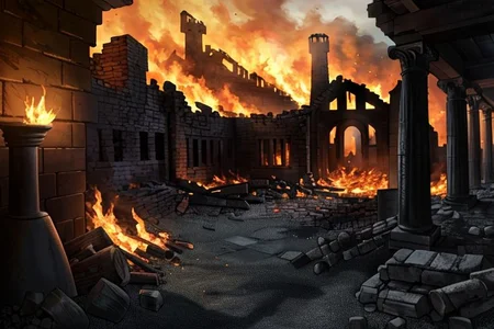 (masterpiece:1.2), (best quality,:1.2), 8k, HDR, ultra detailed, ((photorealistic)), professional light, cinematic lighting, fashion photography, ambient lighting,<lora:detail_slider_v4:3>, ruins of a burned! down village!, wood houses, FanRu <lora:FantasyRuins-10:0.7>, epiCPhoto