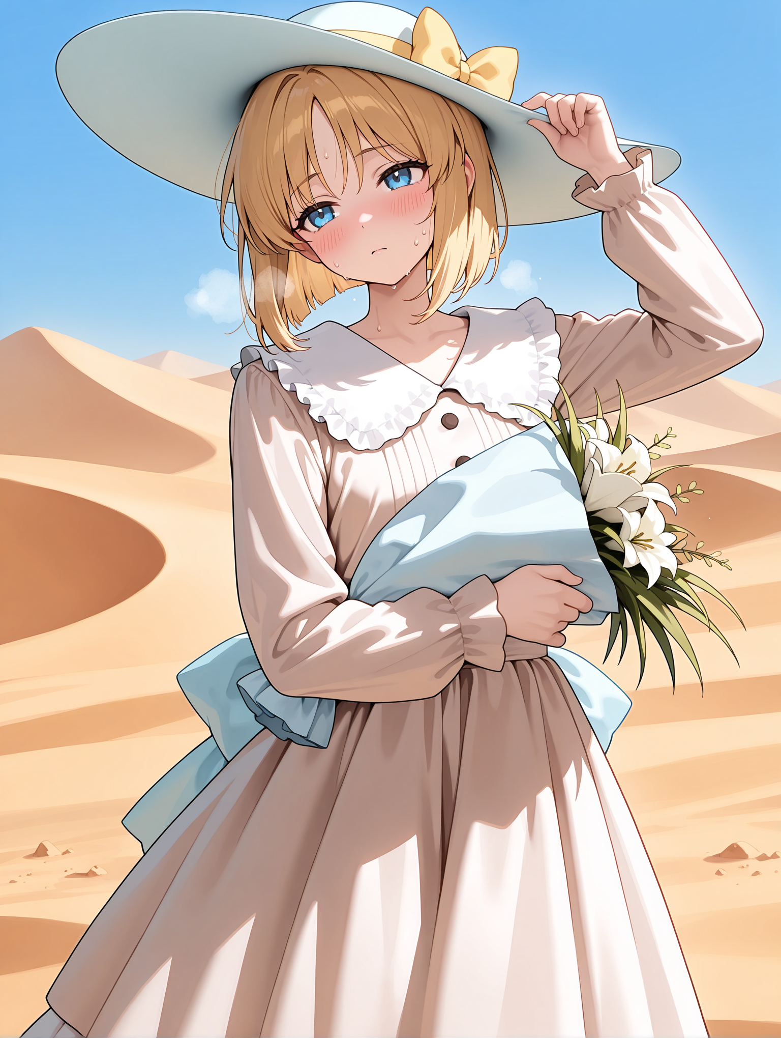 masterpiece,best quality,newest,
1girl,solo,
<lora:flower_girl_ilxl_v1.1:1>,f_g,blonde hair,short hair,blue eyes,f_hat,yellow bow,f_clothes,long sleeves,medium skirt,dress,holding bouquet,
<lora:Fixhands_anime_bdsqlsz_V1:1>,looking ahead,blush,heavy_breathing,desert,sweating profusely,hand on headwear,sweat,exhausted,head_tilt,disdain,