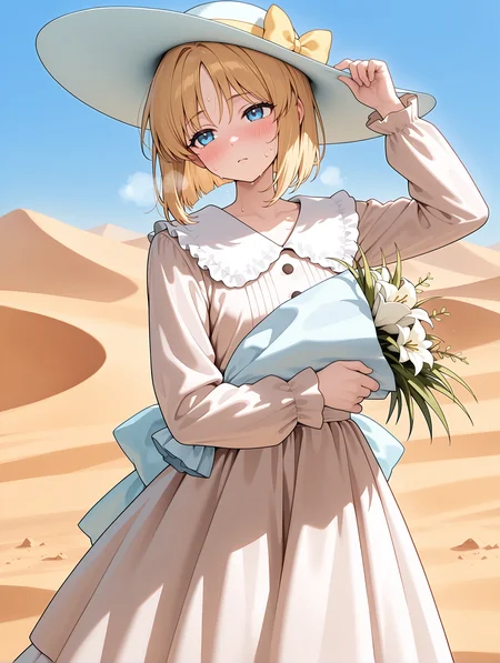 masterpiece,best quality,newest,
1girl,solo,
<lora:flower_girl_ilxl_v1.1:1>,f_g,blonde hair,short hair,blue eyes,f_hat,yellow bow,f_clothes,long sleeves,medium skirt,dress,holding bouquet,
<lora:Fixhands_anime_bdsqlsz_V1:1>,looking ahead,blush,heavy_breathing,desert,sweating profusely,hand on headwear,sweat,exhausted,head_tilt,disdain,