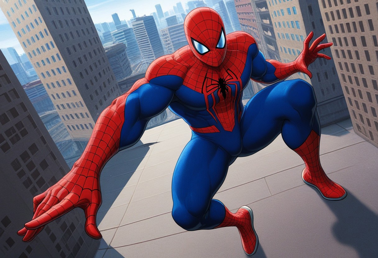 Mask with tinted lenses, red and blue bodysuit, separate gloves, big spider print, red hexagonal pattern, blue cell pattern, male, full body, TASMspider-man, superhero, full body, day city, gero pose
4k, best quality, solo, male, bara, highly detailed