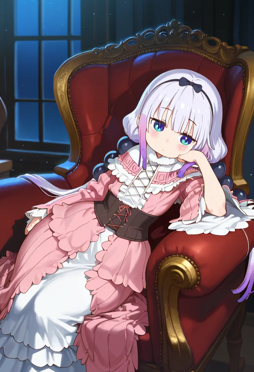 kanna_kamui_(maidragon), masterpiece, best quality, amazing quality, ultra detailed, solo, 1girl, adult, long dress, wide sleeves, ornate dress, corset, victorian dress, sitting, armchair, brocade, reclining, leaning on side, chin down proud, indoors, night, particles, cowboy shot,
