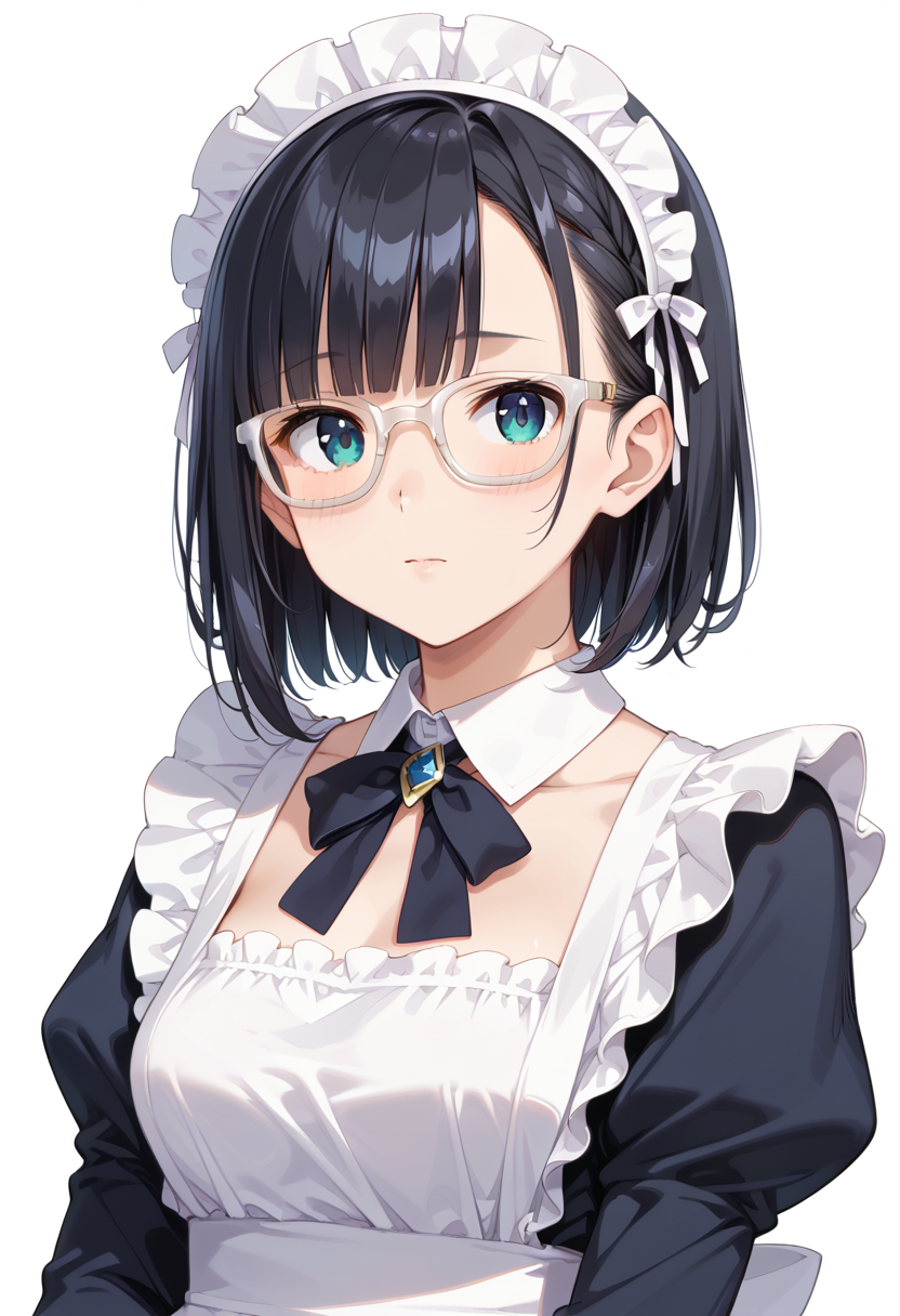score_9, score_8_up, score_7_up, rating_safe, masterpiece, best quality, absurdres, unity 8k wallpaper, official art, official style, source_anime, uncensored, game cg, megami magazine,
1girl, solo, black hair, medium hair, upper body, covered eyes,maid, maid headdress, black dress, maid apron, face focus,
Wellington22A, glasses, white background, simple background, white-framed eyewear
 <lora:glasses_Wellington22A1_PONY_V1:1>