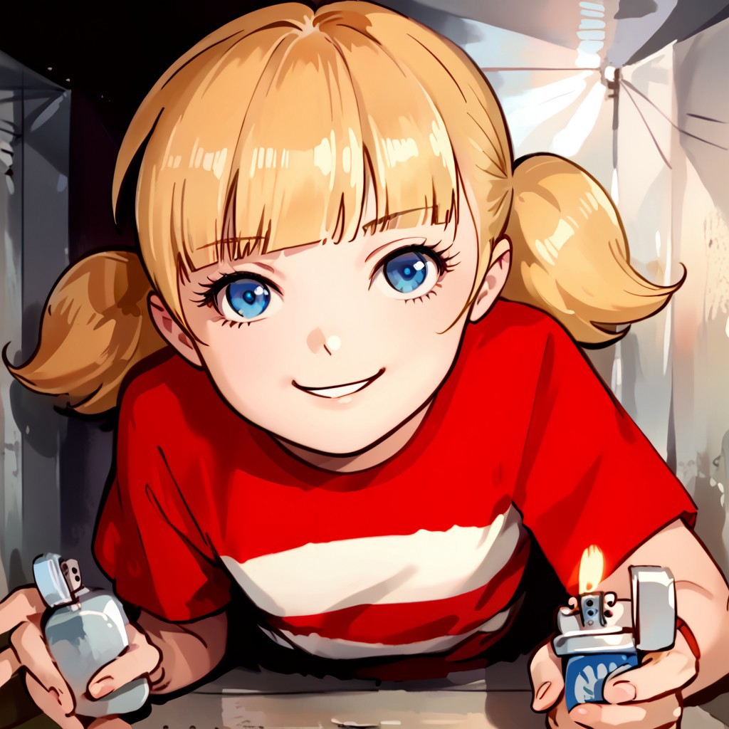 score_8, score_8_up, score_7_up, source_anime, anime screenshot, 1girl, female focus, solo, penny_ig, blonde hair, twintails, blue eyes, red shirt, stripe, CEVCDH, crawling, on stomach, lying, cramped, holding lighter, lighter, fire, ventilation shaft, straight-on, rating_safe, looking at viewer, smile, smug, confident, flat chest,
