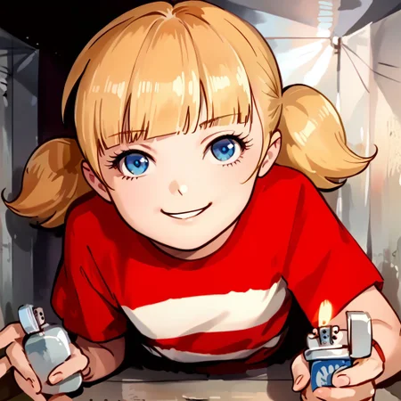 score_8, score_8_up, score_7_up, source_anime, anime screenshot, 1girl, female focus, solo, penny_ig, blonde hair, twintails, blue eyes, red shirt, stripe, CEVCDH, crawling, on stomach, lying, cramped, holding lighter, lighter, fire, ventilation shaft, straight-on, rating_safe, looking at viewer, smile, smug, confident, flat chest,