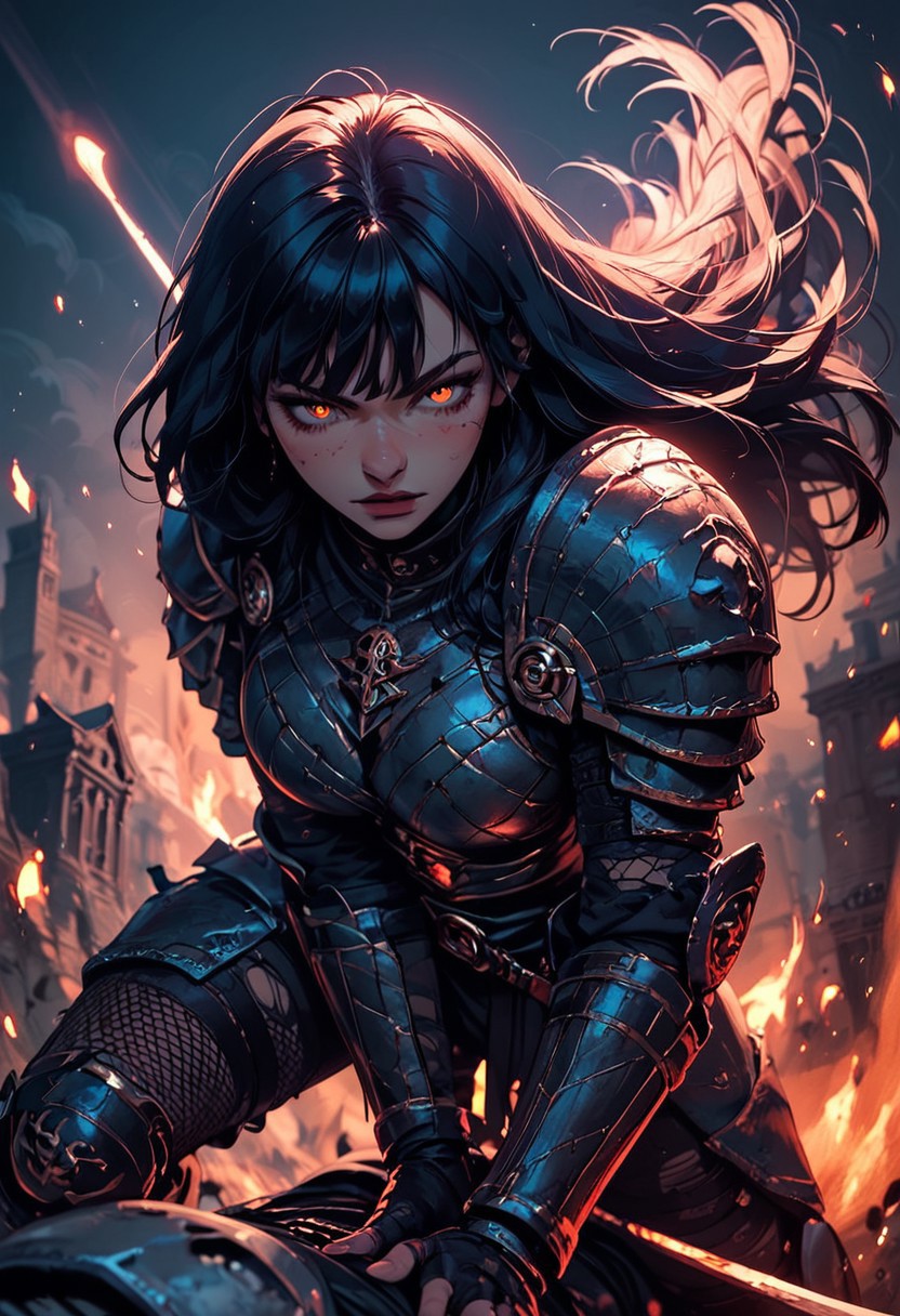 Score_9, Score8_up, Score_7_up, (((High Resolution, Best Quality))), 
1girl, beautiful, breasts, battle scarred, damaged armor, fishnets under armor, bangs, long hair, plated armour, holding sword, battle stance, dynamic angle, ancient fantasy city, battle-ready stance, dynamic pose, at night, moonlight, riding a nimbus cloud, nimbus, wukong theme, directional lighting, viewed from above,
Embers, firey glint in eye, partical effect,