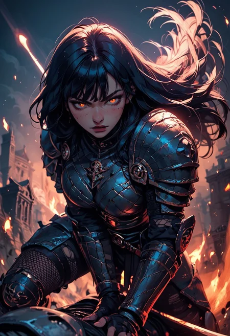 Score_9, Score8_up, Score_7_up, (((High Resolution, Best Quality))),
1girl, beautiful, breasts, battle scarred, damaged armor, fishnets under armor, bangs, long hair, plated armour, holding sword, battle stance, dynamic angle, ancient fantasy city, battle-ready stance, dynamic pose, at night, moonlight, riding a nimbus cloud, nimbus, wukong theme, directional lighting, viewed from above,
Embers, firey glint in eye, partical effect,