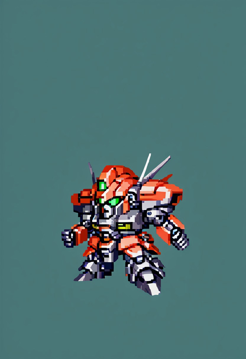 full body view, (black robot colors),chibi, mecha, no humans, robot, full_details, simple background, green background, snes style