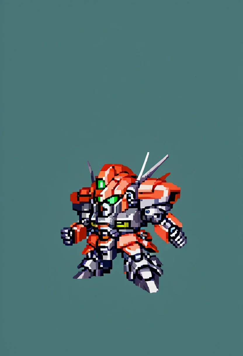 full body view, (black robot colors),chibi, mecha, no humans, robot, full_details, simple background, green background, snes style