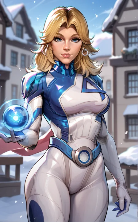 score_9, score_8_up, score_7_up, standing, blue eyes, black hair, solo focus, snow, magic, blurry, orb, looking at viewer, fire, blurry background, flag, banner, snowing, depth of field, outdoors,  <lora:PONYXL_MarvelRivalsSueStorm_ownwaifu:1>, BREAK PONYXL_MarvelRivalsSueStorm_ownwaifu, 1girl, blue belt, blue bodysuit, flipped hair, long legs, narrow waist, number print, skin tight, toned, two-tone bodysuit, white bodysuit, blonde hair, blue eyes, lips, long hair, jewelry, medium breasts, hoop earrings, nose, gloves, large breasts, superhero, earrings, blue gloves, parted bangs, multicolored clothes, bangs, pilot suit, white gloves, multicolored bodysuit, shiny hair, pink lips, thick eyebrows, thick thighs, turtleneck, covered abs, <lora:add-detail-xl:0.15>,