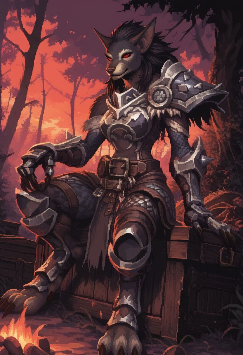 score_9, score_8_up, score_7_up, ultra quality, d3p1x3l, pixel art, fantasy, solo, 1girl, solo, anthro, worgen, animal ears, claws, red eyes, brown fur, snout, brown tabard, belt, pouch, leather loincloth, bulky armor, armored leggings, armored boots, dark forest, sitting, dutch angle, on crate, hand on leg, looking down, evening, campfire,