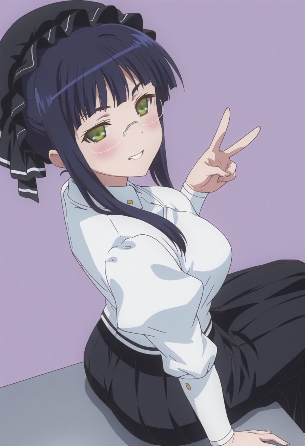 anime screencap, anime coloring,  <lora:DX888Mikan:1> mikan, green eyes, black hair, sidelocks BREAK simple background, purple  background,  BREAK  mob cap, glasses, white shirt, puffy sleeves, black skirt, long skirt, BREAK   1girl, blush, breasts, grin, gyaru v,  looking at viewer, sitting, solo, thighs, v, arm support, (from above:1.2), (from side:0.9),