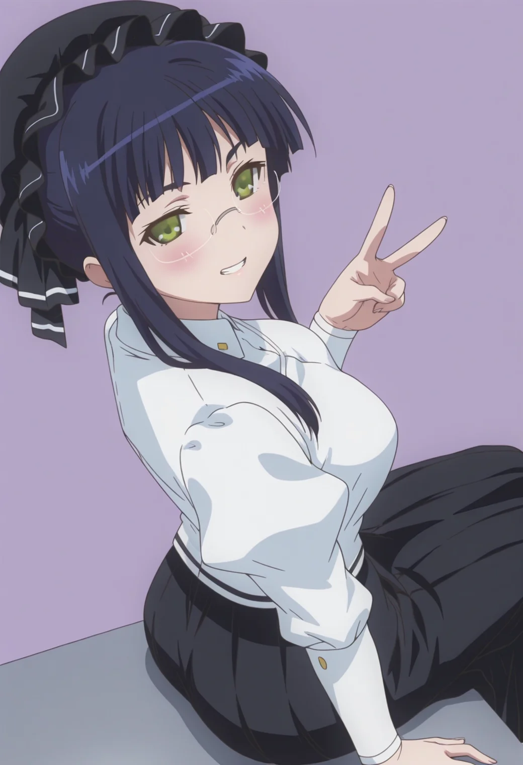 anime screencap, anime coloring, <lora:DX888Mikan:1> mikan, green eyes, black hair, sidelocks BREAK simple background, purple background, BREAK mob cap, glasses, white shirt, puffy sleeves, black skirt, long skirt, BREAK 1girl, blush, breasts, grin, gyaru v, looking at viewer, sitting, solo, thighs, v, arm support, (from above:1.2), (from side:0.9),