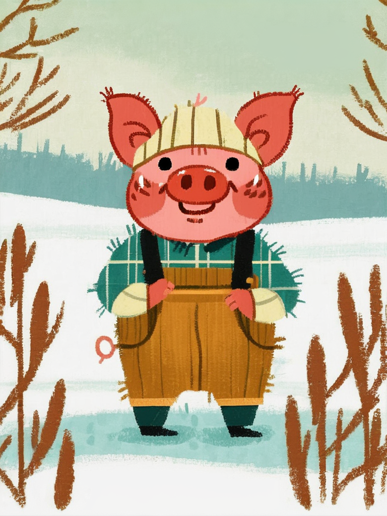 best quality,masterpiece,childpaint,children's illustration,lovely,(a cute little pig),simple_background,beautiful_detailed_eyes,eye highlights,,farm,in winter,snow,<lora:chil_xl_2v1>