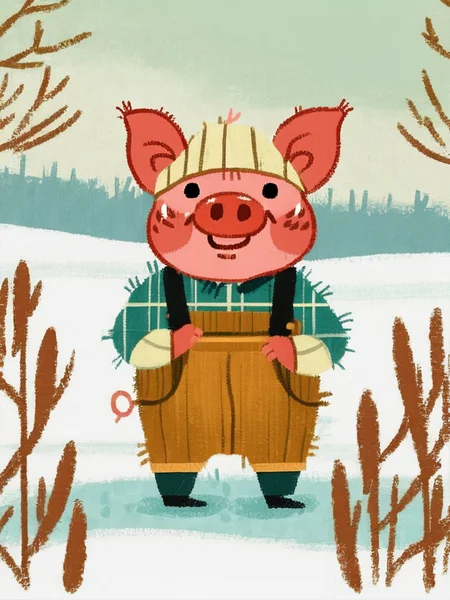 best quality,masterpiece,childpaint,children's illustration,lovely,(a cute little pig),simple_background,beautiful_detailed_eyes,eye highlights,,farm,in winter,snow,<lora:chil_xl_2v1>