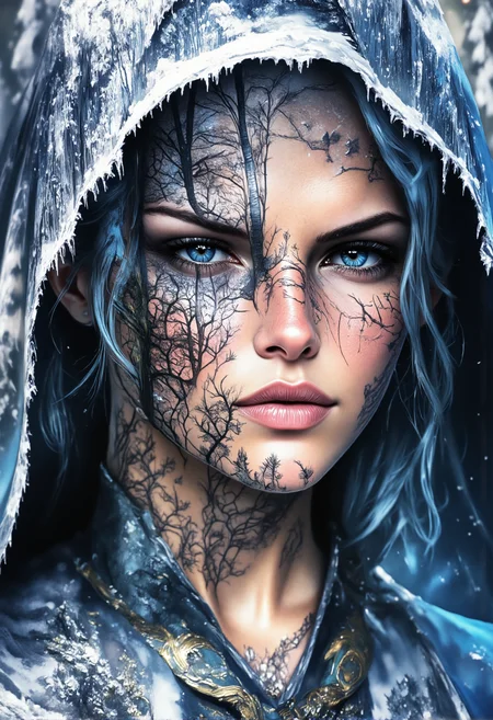 aidmaMJ6.1, darkcore, Jeddblexpsre,double exposure, ethereal. A close-up shot of a breathtaking young womanâs face, where her facial features are softly blended with an ethereal overlay of snow-covered trees . Her piercing blue eyes and delicate skin textures are visible through the translucent silhouette of the forest, creating a dreamy, surreal double exposure effect. The icy crystals on the hood of her light blue medieval cloak merge harmoniously with the natural elements. The soft lighting highlights both the woman and the superimposed scene, while shadows and highlights enhance the depth, giving the composition a balanced, thought-provoking appearance., <lora:FluxDFaeTasticDetails.safetensors:1.0:1.0> <lora:aidmaMJ6.1-FLUX-V0.2.safetensors:1.0:1.0> <lora:Flux DoubleExposure_epoch_1.safetensors:1.0:1.0> <lora:NebulaNexus_v1.safetensors:0.7000000000000001:0.7000000000000001>
