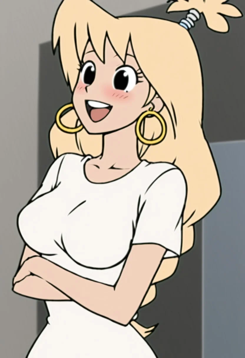 woman, tiffany, kangoo,blonde hair, black eyes, earrings, jewelry, 1girl, crossed arms, hoop earrings, open mouth, smile, shirt, upper teeth only, upper body, breasts, short sleeves, solo focus, blush, white shirt
