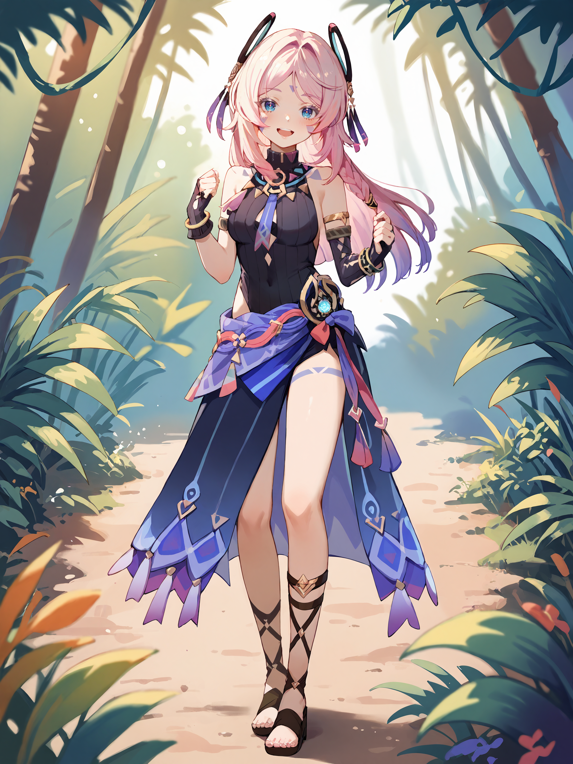 1girl, citlali \(genshin impact\), fingerless gloves, armlet, sarong, facial mark, bracelet, ring hair ornament, turtleneck leotard, leg tatoo, single gauntle, looking at viewer, smiling, open mouth, jungle, outdoors, depth of field, standing, full body, gladiator sandals  <lora:Char-Genshin-Citlali-V1-Pony:0.9>, score_9, score_8_up, score_7_up, source_anime