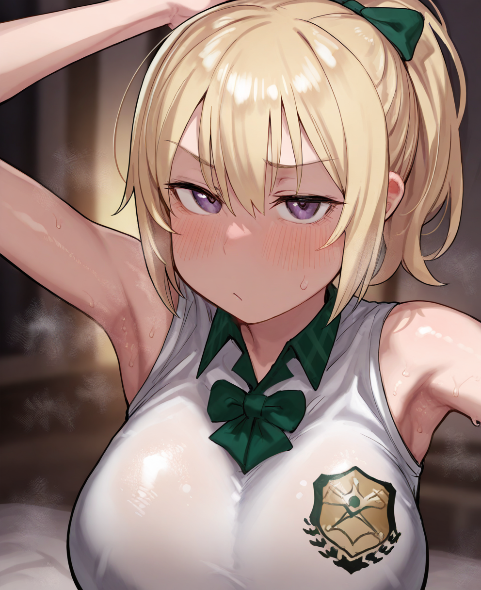 <lora:anon2000:1> anon2000,
(masterpiece), (best quality), (ultra-detailed), amazing quality, very aesthetic, illustration, perfect composition, intricate details, absurdres, incredibly absurdres, shiny skin, realistic,
 anon2000, 1girl, solo, blush, shirt, breasts, blonde hair, armpits, arm up, sweat, purple eyes, green bow, white shirt, plaid, large breasts, bow, blurry, collared shirt, steaming body, upper body, looking at viewer, ponytail, sensitive