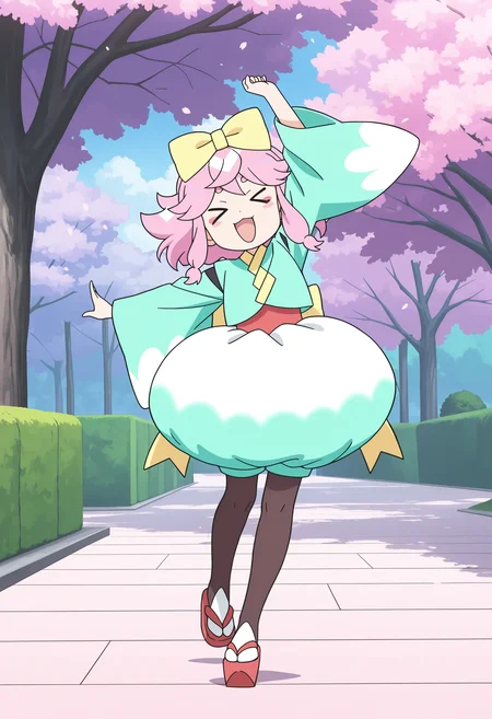 1girl, maro, pink hair, medium hair, purple eyes, multicolored eyes, hikimayu, hat ribbon, makeup, aqua kimono, red obi, puffy shorts, back ribbon, pantyhose, red geta,
full body, dancing, dynamic pose, happy,
outdoors, park, sakura,
masterpiece, best quality, ultra-detailed, very aesthetic, illustration, perfect composition, intricate details, absurdres, official art, official style, source_anime, anime screencap, anime coloring, newest, intricate, hires textures, high detail, 4k, incredibly detailed, perfect anatomy, UHD, 8K,
<> <lora:msw-maro_XL(ill01)v10d:1>