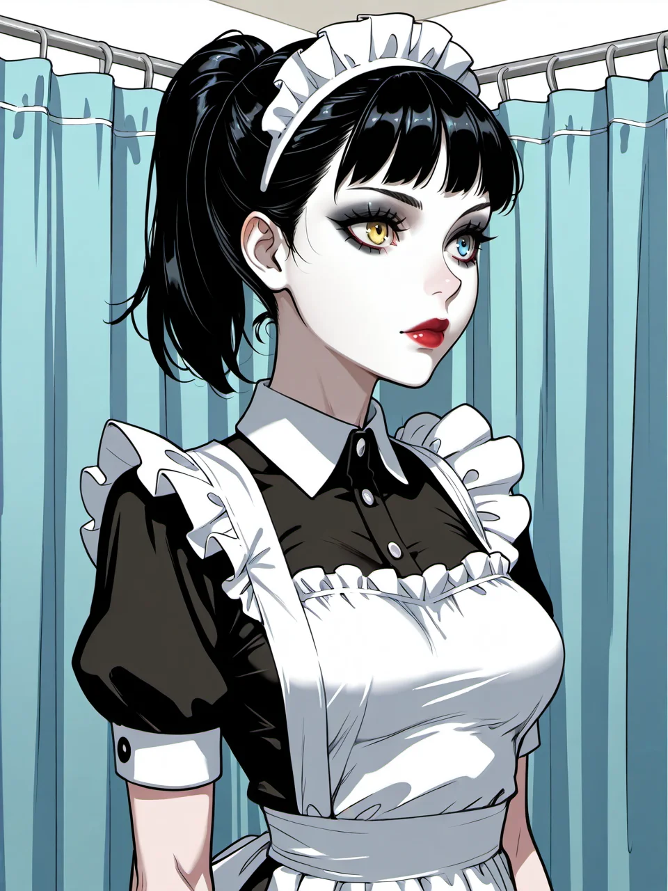 masterpiece, beautifully drawn, elegantly detailed, malk-girl,
1girl, solo, skinny, ponytail, black hair, heterochromia, blue eyes, yellow eyes, maid, maid headdress, maid apron, infirmary, breasts, medium breasts, eyeshadow, white face, red lips,
<lora:vtmb_malk_girl_illustrious_epoch_7:0.9>,