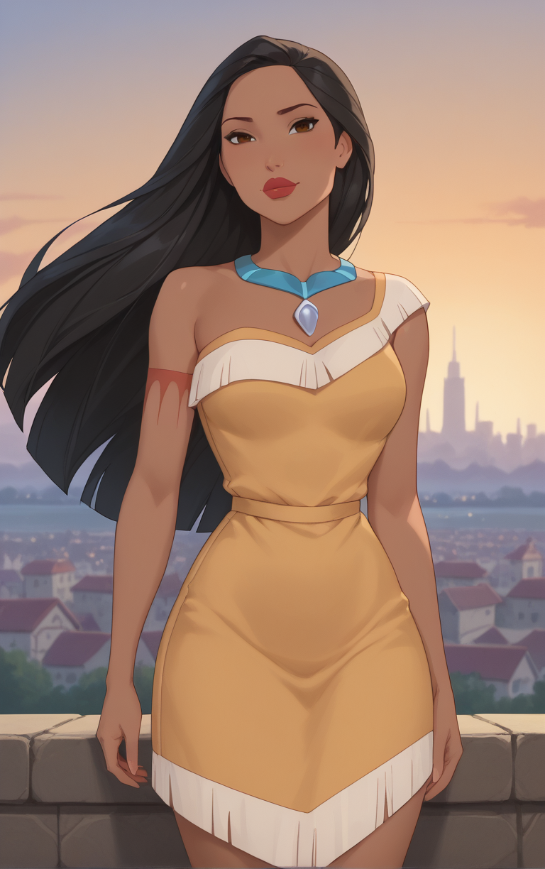 score_9, score_8_up, score_7_up, looking at viewer,  BREAK
MainOutfitNecklace_Pocahontas_ownwaifu, 
1girl, arm tattoo, black eyes, black hair, necklace, red lips, long hair, dark skin, dark-skinned female, breasts, lips, lipstick, makeup, very long hair, medium breasts, tattoo, collarbone, forehead, 
single strap, yellow dress, short dress, jewelry, bare shoulders, sleeveless, cleavage, strapless,  bare arms, native american, bare legs, tribal, sleeveless dress, strapless dress, 
(contrapposto, hand on hip), sunset, sidelighting, cityscape, vanishing point, outdoors, <lora:PONYXL_PocaHontas_ownwaifu_r1:1> , depth of field, solo,
