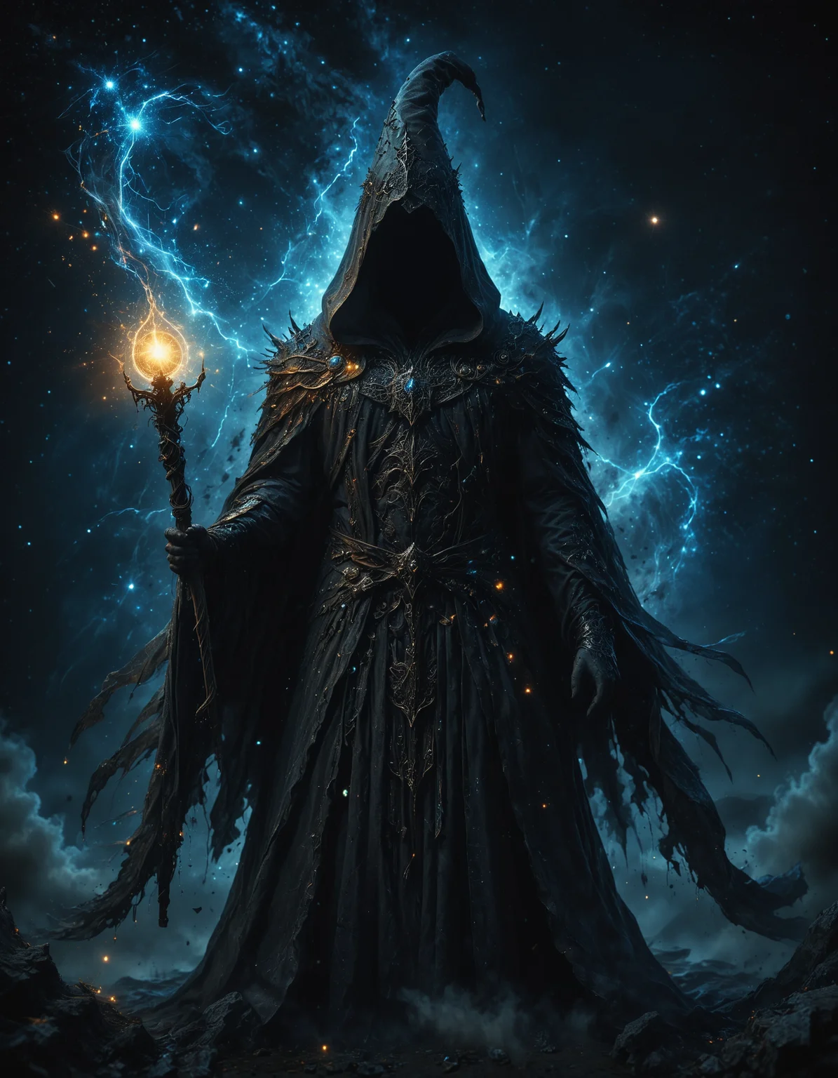 hidden face, head down, mystical figure clads in tattered armor and robe, featuring a long, flowing cape and a pointed wizardâs hat, The figure should be holding a staff topped with an intricate design, standing against a backdrop of a starry night sky with glowing particles and motes of light surrounding them, atmosphere should evoke a sense of magic and mystery, <lora:MJ52:0.4>, <lora:SDXLFaeTastic2400:0.4>, <lora:detailed_notrigger:0.6>, <lora:- SDXL - vanta-black_contrast_V3.0:0.5>, <lora:zavy-cntrst-sdxl:0.3>, <lora:XL_Weapon_Orbstaff_-_By_HailoKnight:0.4>