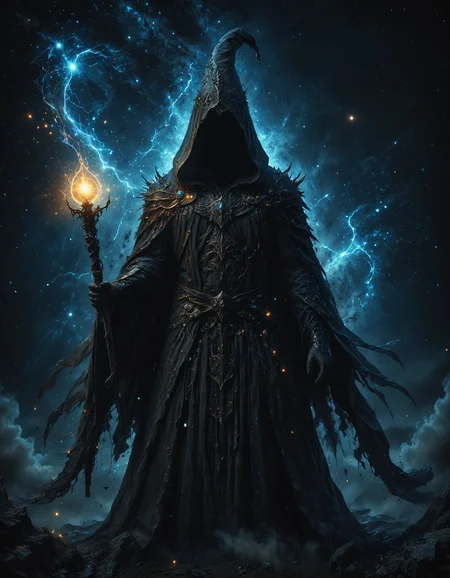 hidden face, head down, mystical figure clads in tattered armor and robe, featuring a long, flowing cape and a pointed wizardâs hat, The figure should be holding a staff topped with an intricate design, standing against a backdrop of a starry night sky with glowing particles and motes of light surrounding them, atmosphere should evoke a sense of magic and mystery, <lora:MJ52:0.4>, <lora:SDXLFaeTastic2400:0.4>, <lora:detailed_notrigger:0.6>, <lora:- SDXL - vanta-black_contrast_V3.0:0.5>, <lora:zavy-cntrst-sdxl:0.3>, <lora:XL_Weapon_Orbstaff_-_By_HailoKnight:0.4>