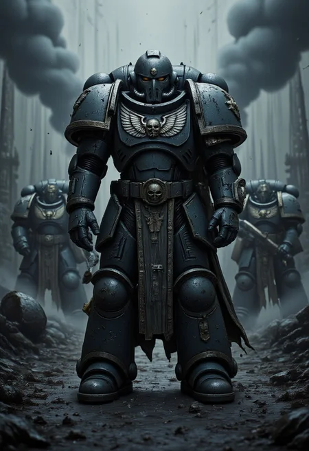 "An ultra-realistic digital painting of Warhammer 40k Primaris Marines in Mark X Power Armor, shown in a full-body, close-up view against a dark, chaotic battlefield. The towering Space Marines stand amidst scattered futuristic debris, shadowed craters, and a desolate landscape under a misty, cinematic atmosphere. The armor is intricately engraved with detailed engravings that catch the light, emphasizing each engraved edge and panel. Realistic lighting and shadows play across their formidable armor, accentuating every detail in high definition. The background is filled with desolate details: scattered wreckage, faint mist, and deep shadows that create a haunting and war-torn environment. A subtle film grain overlay and reversal film effect add a gritty texture, giving the piece an official art style. 32k resolution quality with cinematic atmosphere."