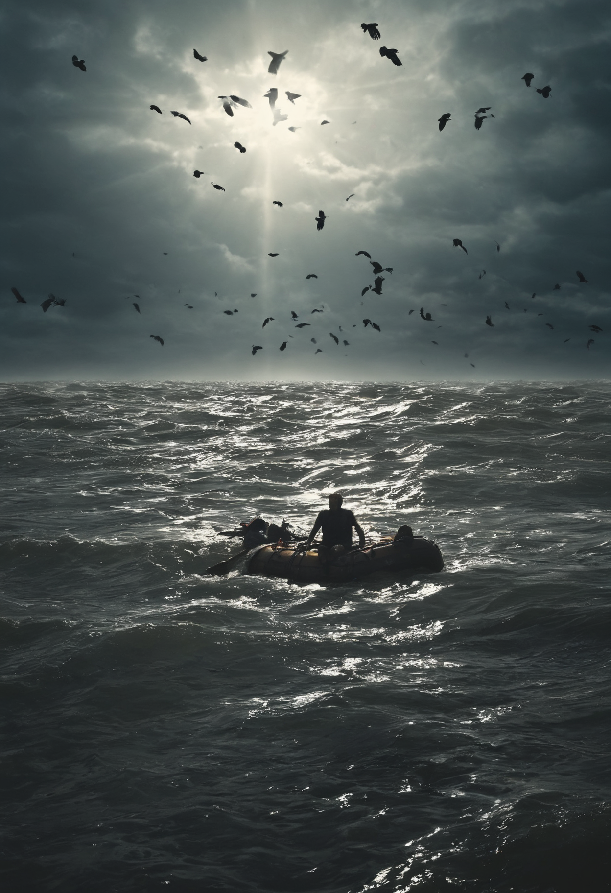 1man on a raft, middle of ocean, big waves, (exhausted:1.3), tired, agony, (skinny body:1.4), hungry, highly detailed face, looking up the sky, sunray, desperate, surrounded by crows, artistic, heartbreaking, full shot