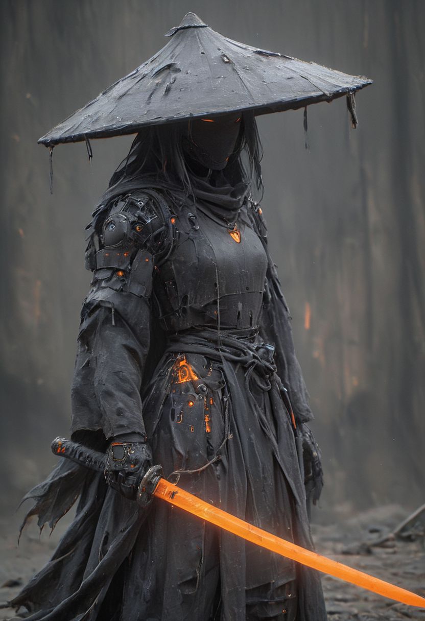 Craft a captivating vibrant dark black-neon caption for a photo capturing the essence of a cyborg Bedouin sorcerer in fight stance, defying expectations by conjuring a whimsical robot 'freak' from an oversized sedge  hat. ethereal, smoky backdrop. throwing a translucent orange/tanslucent purple/black iaidow, weapon, katana, holding sword, ready to draw, sheathed, unsheathing, scabbard,, 
 very detailed, atmospheric haze, Film grain, cinematic film still, shallow depth of field, highly detailed, high budget, cinemascope, moody, epic, OverallDetail, gorgeous, 2000s vintage RAW photo, photorealistic, candid camera, color graded cinematic, eye catchlights, atmospheric lighting, skin pores, imperfections, natural, shallow dof