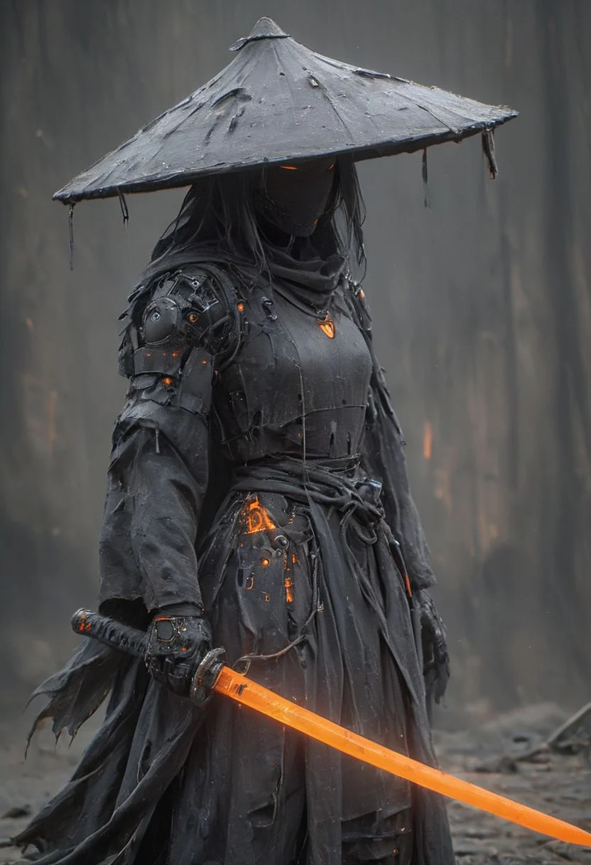 Craft a captivating vibrant dark black-neon caption for a photo capturing the essence of a cyborg Bedouin sorcerer in fight stance, defying expectations by conjuring a whimsical robot 'freak' from an oversized sedge hat. ethereal, smoky backdrop. throwing a translucent orange/tanslucent purple/black iaidow, weapon, katana, holding sword, ready to draw, sheathed, unsheathing, scabbard,,
very detailed, atmospheric haze, Film grain, cinematic film still, shallow depth of field, highly detailed, high budget, cinemascope, moody, epic, OverallDetail, gorgeous, 2000s vintage RAW photo, photorealistic, candid camera, color graded cinematic, eye catchlights, atmospheric lighting, skin pores, imperfections, natural, shallow dof