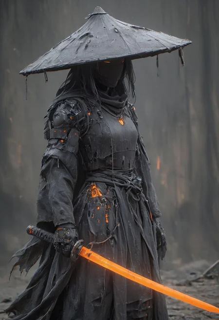 Craft a captivating vibrant dark black-neon caption for a photo capturing the essence of a cyborg Bedouin sorcerer in fight stance, defying expectations by conjuring a whimsical robot 'freak' from an oversized sedge  hat. ethereal, smoky backdrop. throwing a translucent orange/tanslucent purple/black iaidow, weapon, katana, holding sword, ready to draw, sheathed, unsheathing, scabbard,, 
 very detailed, atmospheric haze, Film grain, cinematic film still, shallow depth of field, highly detailed, high budget, cinemascope, moody, epic, OverallDetail, gorgeous, 2000s vintage RAW photo, photorealistic, candid camera, color graded cinematic, eye catchlights, atmospheric lighting, skin pores, imperfections, natural, shallow dof