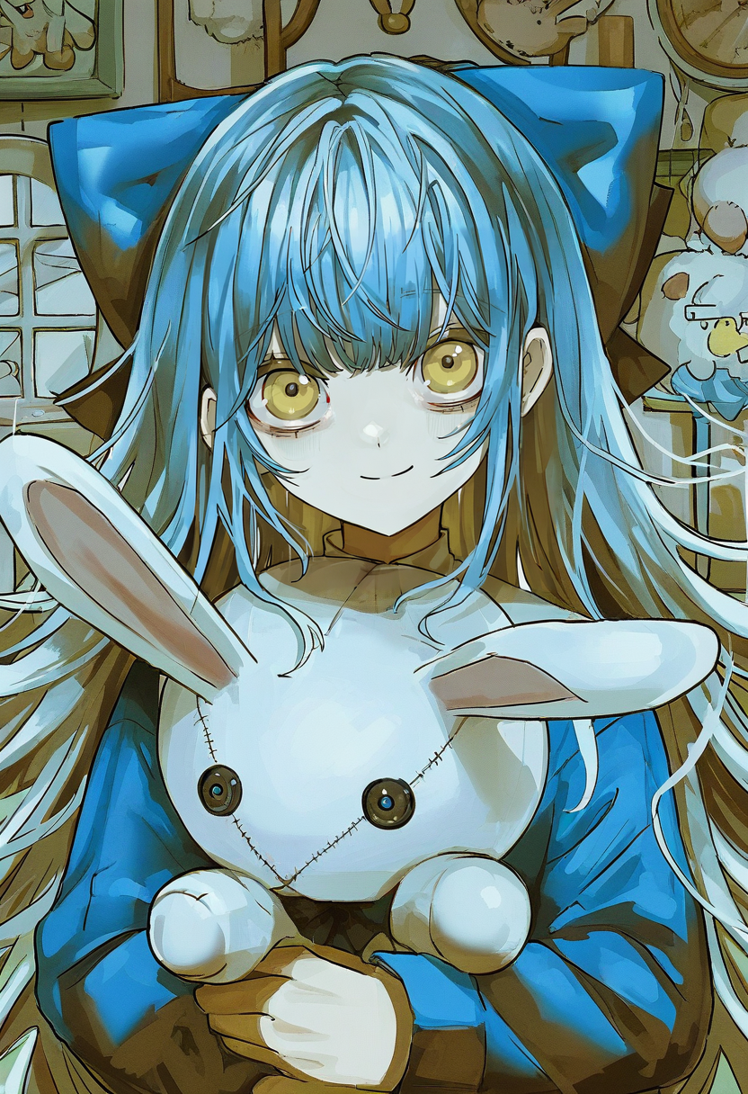 1girl, stuffed toy, stuffed animal, solo, blue hair, long hair, smile, stuffed bunny, holding stuffed toy, looking at viewer, holding, bow, upper body, yellow eyes, hair bow, closed mouth, bangs, blue bow, long sleeves <lora:shiunXL_NB11_lokr_V6311P:0.95>