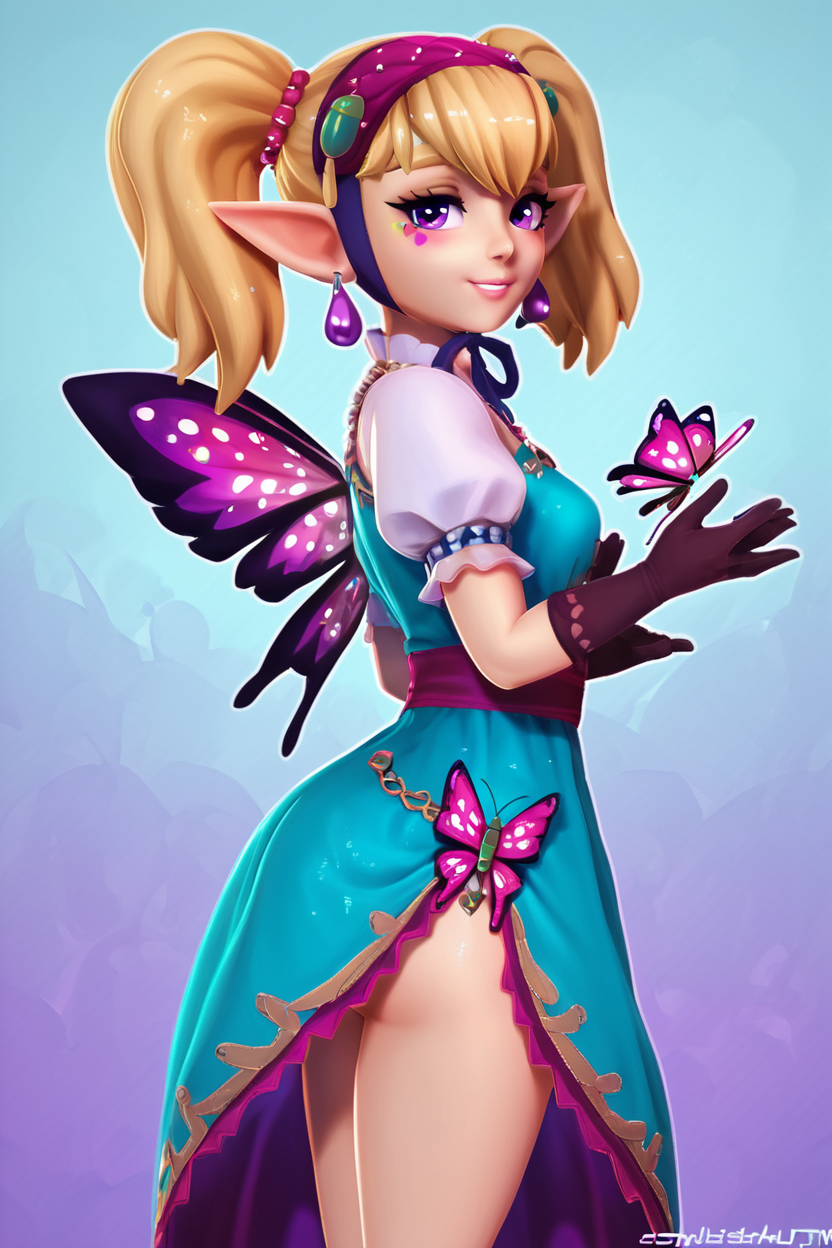 score_9, score_8_up, score_8, medium breasts, (curvy), cute, eyelashes,       BREAK, , <lora:Agitha_Zelda_PDXL:0.8>,  zzAgitha, purple eyes, blonde hair, twintails, pointy ears, jewelry, earrings, gloves, dress, butterfly wings, , BREAK, smile, looking at viewer, cowboy shot, side view, ass,  embedding:zPDXL, Expressiveh, <lora:Zy0n7_PDXL:1.0>,  <lora:SDXLFaeTastic2400:0.5>,  <lora:Expressive_H-000001:0.4>,