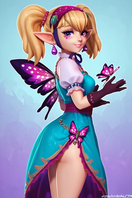 score_9, score_8_up, score_8, medium breasts, (curvy), cute, eyelashes, BREAK, , <lora:Agitha_Zelda_PDXL:0.8>, zzAgitha, purple eyes, blonde hair, twintails, pointy ears, jewelry, earrings, gloves, dress, butterfly wings, , BREAK, smile, looking at viewer, cowboy shot, side view, ass, embedding:zPDXL, Expressiveh, <lora:Zy0n7_PDXL:1.0>, <lora:SDXLFaeTastic2400:0.5>, <lora:Expressive_H-000001:0.4>,