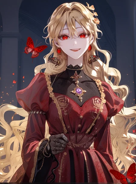 better skin,(score_9_up:1.2),(score_8_up:1.2),(score_7_up:1.2),expressiveh, ,1girl,Masterpiece,(detailed hair), detailed background,thick thighs, big breasts,wide hips, small waist, detailed skin, looking at viewer, big breasts, (4k),(incredibly detailed:1.4), perfect anatomy, correct sense of scale, side lighting, feminine body, shiny skin, high layer, high layer long, slim, constricted waist, nice body, lips, Sexy mouth, neatly drawn nose, beautiful fingers, beautiful white skin, Beautiful clear skin, 1girl, smile, standing, facing viewer, looking at viewer,<lora:Roxana_Agrece_-_PONY-Kaleid:1> Roxana agrece, 1girl, long hair, yellow eyelashes, slit pupils, bangs, red eyes, blonde hair, gem, earring, hair ornament, flower, lipstick, butterfly, red dress, black gloves, hair between eyes, long sleeves, red lips,