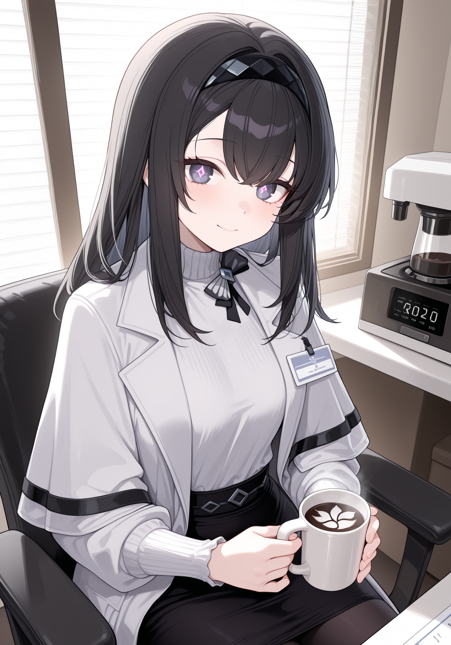 1girl, <lora:prts_sn59:1>, prts, black hair, black hairband, diamond pupils, white coat, striped bowtie, white turtleneck sweater, id card, closed mouth, black skirt, pantyhose,
 holding mug of coffee, office background, warm light, sunlight, window, coffee machine,
high resolution, ultra-detailed, absurdres, masterpiece, best quality, good quality, newest