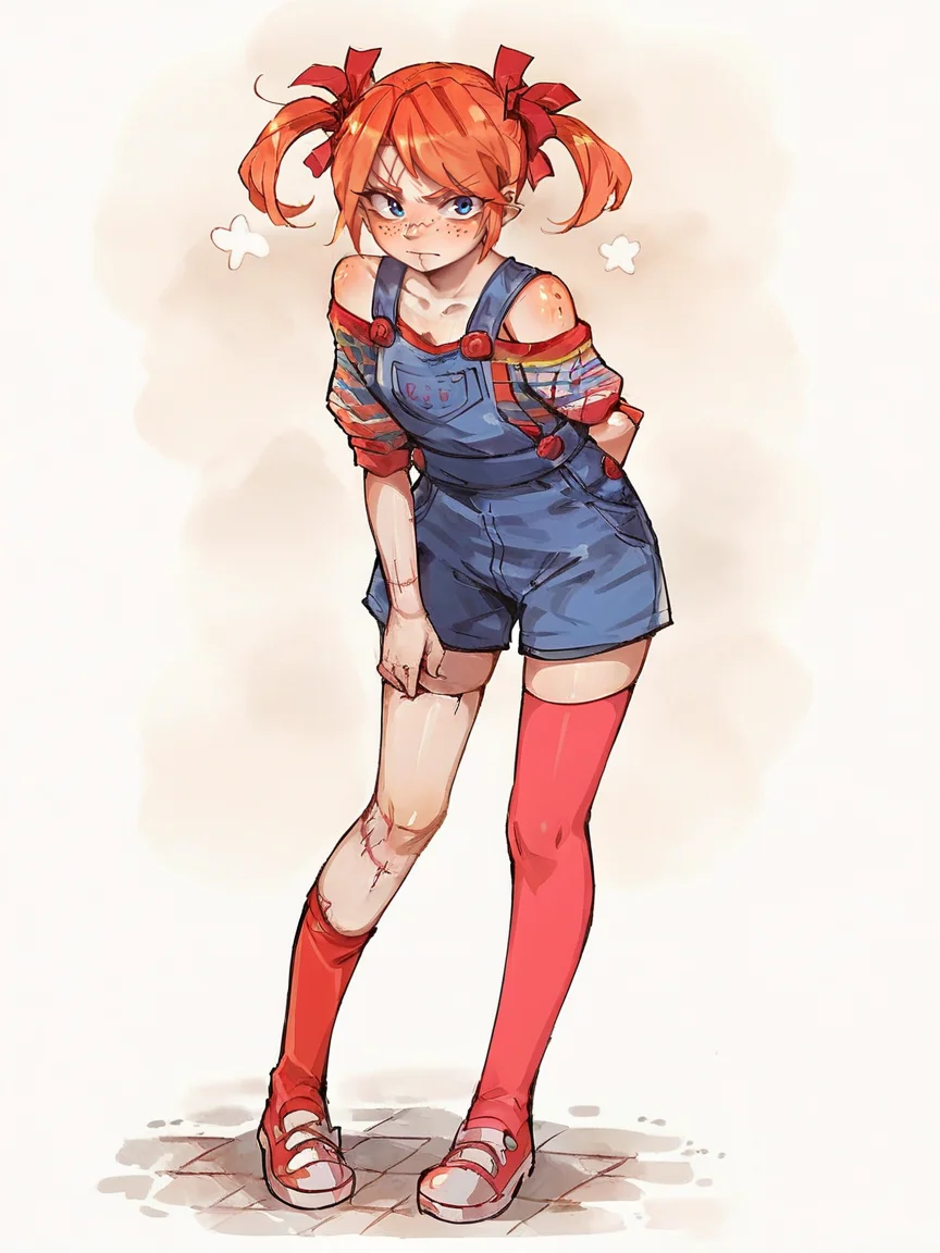 score_9, score_8_up, score_7_up, score_6_up, score_5_up, <lora:FemChuckyXLP:1> femchucky, 1girl, solo, twintails, blue eyes, thighhighs, overalls, orange hair, freckles, stitches, curvy, full body,