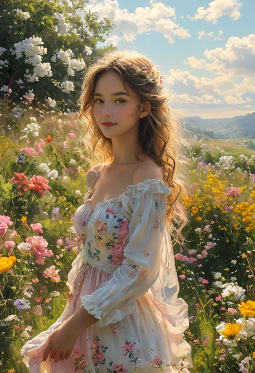 A young girl in the midst of a lush meadow, surrounded by a profusion of vibrant spring flowers. Her long, wavy hair cascades down her back, dancing in the gentle breeze as she standing on green grass. She wears a simple, pastel-colored dress, its flowing skirt billowing around her delicate ankles, accentuating her youthful innocence.
She is smiling, looking at the viewer, her face serene, as she basks in the peaceful solitude of the moment.