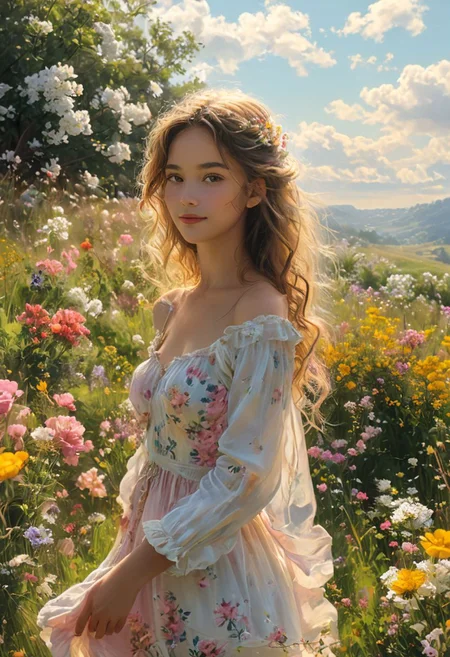 A young girl in the midst of a lush meadow, surrounded by a profusion of vibrant spring flowers. Her long, wavy hair cascades down her back, dancing in the gentle breeze as she standing on green grass. She wears a simple, pastel-colored dress, its flowing skirt billowing around her delicate ankles, accentuating her youthful innocence.
She is smiling, looking at the viewer, her face serene, as she basks in the peaceful solitude of the moment.