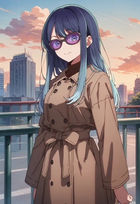 score_9, score_8_up, score_7_up, , score_ANIME,,1girl, solo, long hair, sky, looking at viewer, outdoors, cloud, day, closed mouth, long sleeves, blue sky, , , cloudy sky, trench coat, ,, standing, building, expressionless,, blue hair, turtleneck sweater, cowboy shot <lora:kurokawaakane_pony2:1> cowboy shot,smile, sunglasses, kurokawaakane, , orange sky, evening,railing, street, evening,