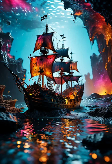 (sailing on vast expansive completely viscous liquid dreamscape gooey organic surface material with gleaming:1.28) sap, (pitch black dark midnight:1.2), miniature (immense scale magnificent ancient tattered pirate ship flying at world's edge:1.4) concentric islands, (multicolor vibrant RGB spectrum blended mixing:1.2), (lava:0.4) (lamp, swirling amorphous liquid rising bubbling into sky hovering floating, bioluminescence glowing:1.26) particles, (sloshing backwash) creating splashes, non-newtonian (fluid:1.24) watereffects, (prismatic color grading), 4k, highres, best quality, dramatic, cinematic, epic, (concept art, digital art, realistic, professional masterpiece, dynamic, (curvilinear perspective), tilt shift, iris blur, bokeh, sharp clarity:1.2), style-nebmagic, fine intricate details, interior lit, great lighting, dappled soft lighting, volumetric lighting, detailed highlights, rim lighting