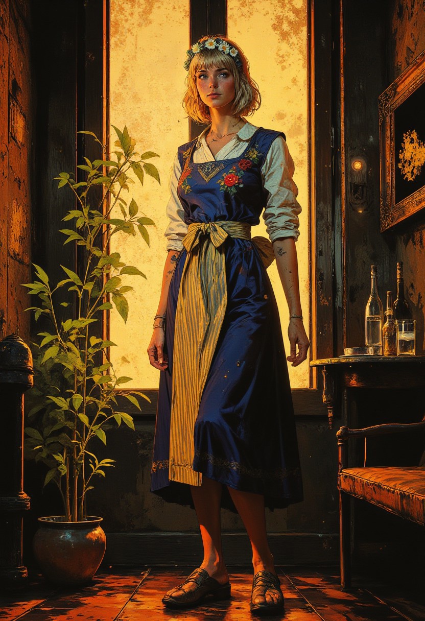 A hyper-realistic full-body portrait of a Swedish woman with a golden-blonde bowl-cut hairstyle, her sharp bangs concealing her ice-blue eyes, casting a shadow across her alabaster skin. Her luminous complexion glows with a dewy finish, creating an ethereal presence. She wears Sverigedräkten, a traditional Swedish folk dress featuring a crisp white linen blouse with lace accents, a royal blue woolen bodice embroidered with vibrant floral motifs, and a matching skirt. A striped apron in white and yellow ties neatly at her waist, complemented by a silver filigree brooch at her collar, a floral crown of daisies and cornflowers, and a folded kerchief tucked into her apron. Her footwear consists of handcrafted leather clogs with engraved brass detailing, adding rustic elegance. She stands on a polished dark wooden floor that reflects the soft glow of the ambient lighting, enhancing the richness of the setting. Beside her, an indoor bamboo plant with bright green leaves adds a touch of natural vibrancy, its slender stalks rising gracefully toward the glowing rectangular frames in the background. These frames, with intricate golden patterns shimmering and sparkling softly, provide a dramatic and high-fashion contrast to the scene, blending tradition with modern artistry.