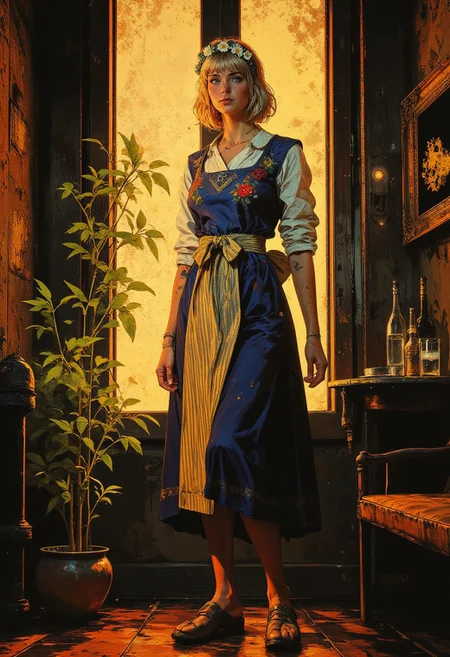 A hyper-realistic full-body portrait of a Swedish woman with a golden-blonde bowl-cut hairstyle, her sharp bangs concealing her ice-blue eyes, casting a shadow across her alabaster skin. Her luminous complexion glows with a dewy finish, creating an ethereal presence. She wears Sverigedräkten, a traditional Swedish folk dress featuring a crisp white linen blouse with lace accents, a royal blue woolen bodice embroidered with vibrant floral motifs, and a matching skirt. A striped apron in white and yellow ties neatly at her waist, complemented by a silver filigree brooch at her collar, a floral crown of daisies and cornflowers, and a folded kerchief tucked into her apron. Her footwear consists of handcrafted leather clogs with engraved brass detailing, adding rustic elegance. She stands on a polished dark wooden floor that reflects the soft glow of the ambient lighting, enhancing the richness of the setting. Beside her, an indoor bamboo plant with bright green leaves adds a touch of natural vibrancy, its slender stalks rising gracefully toward the glowing rectangular frames in the background. These frames, with intricate golden patterns shimmering and sparkling softly, provide a dramatic and high-fashion contrast to the scene, blending tradition with modern artistry.