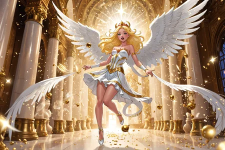 {side shot}{Comic book style} of {Celestial Princess with white gigantic wings and gold trims} in action pose with motion blur {pointing to camera <lora:Pointing_Finger_At_You_-_By_DICE:0.4>} inside a Hall with {bells, decor, angel, sparkle, glitter, ash, dust particles, aurora}, <lora:!action-sdxl-V0.5:0.5>, <lora:add-detail-xl:0.6>