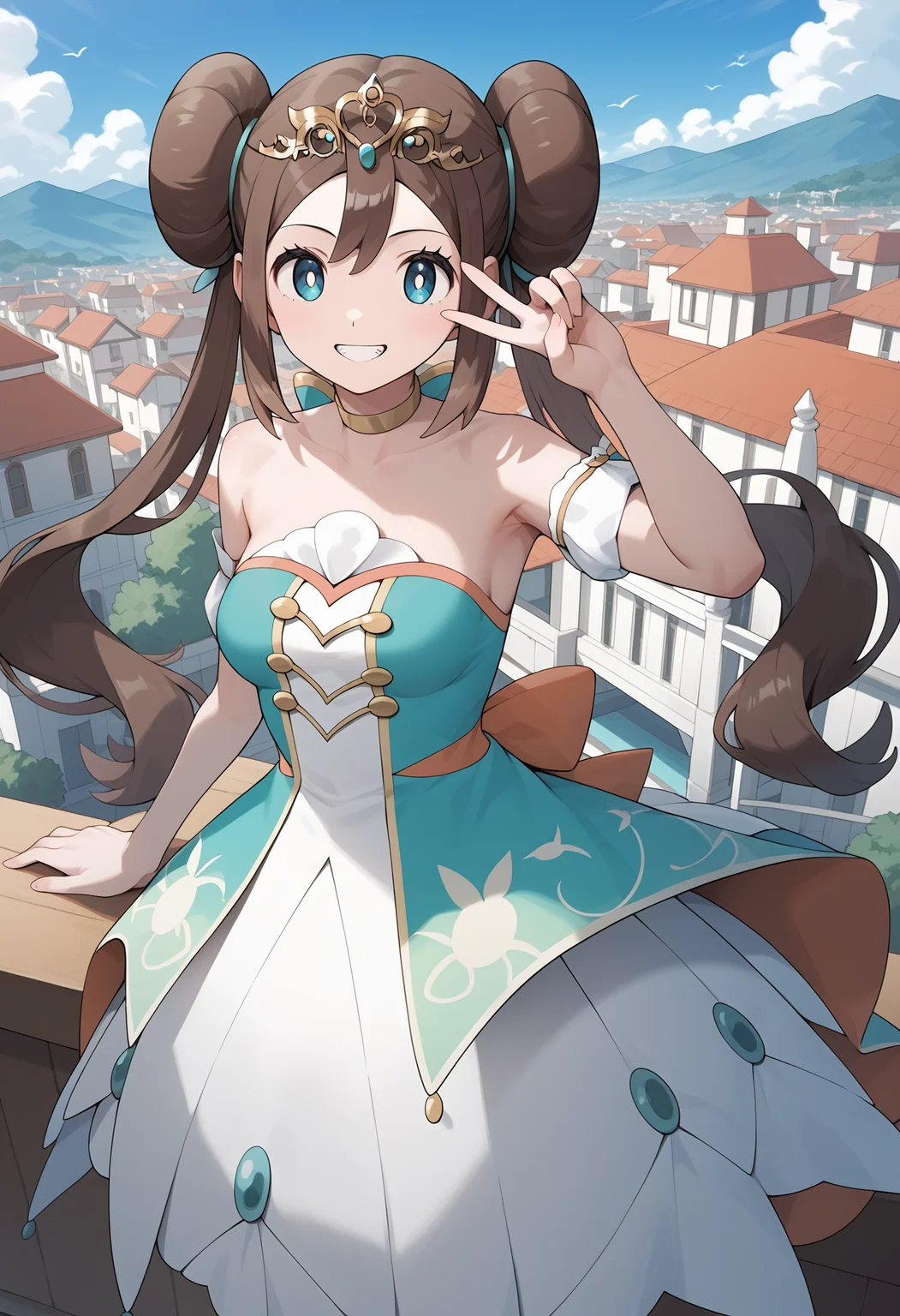 score_9, score_8_up, score_7_up, score_6_up, score_5_up, score_4_up, source_anime, aarosa, long hair, brown hair, double bun, twintails, tiara, blue eyes, medium breasts, choker, bare shoulders, white dress, green dress, detached sleeves <lora:rosa_(pokemon)_ponyxl_v1:0.9>, grin, peace sign, roof top, outdoors, town,